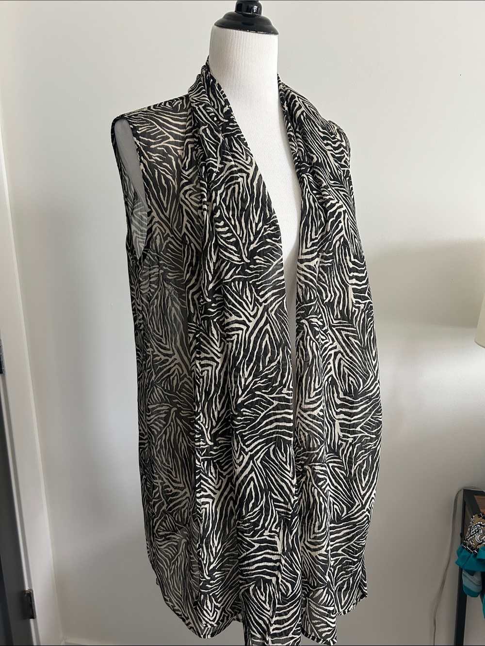 Cold water  Creek fits S M L  Sheer Black and tan Zebra Print Drape Vest